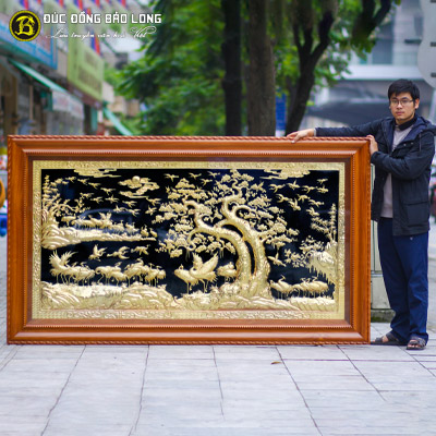 Tranh Bách Hạc Quần Tùng Bằng Đồng Mạ Vàng 2m33x1m33 Khung Gõ tại Sài Gòn TPHCM