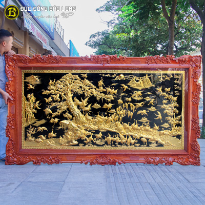 Tranh Bách Hạc Quần Tùng Mạ Vàng 2m37x1m33 Khung Gỗ Hương tại Sài Gòn TPHCM