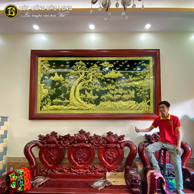 Tranh Bách Hạc Quần Tùng Bằng Đồng 3m21x1m76 Khung Chò Chỉ tại Sài Gòn TPHCM