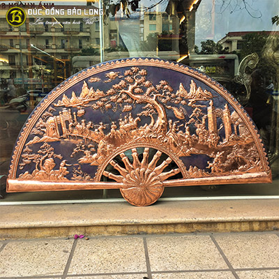 Tranh Quạt Vinh Quy Bái Tổ Bằng Đồng Đỏ Chạm Tay Kỹ ĐK 1m2 tại Sài Gòn TPHCM