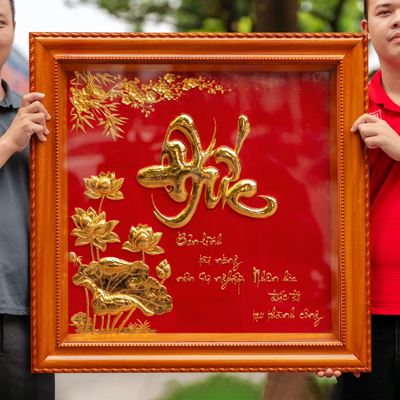 Tranh Chữ Đức Bằng Đồng Mạ Vàng 24k Khung Gỗ Gõ 81cm tại Sài Gòn TPHCM