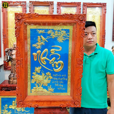 Tranh Chữ Nhẫn Thư Pháp Bằng Đồng Khung Gỗ Hương 86x61cm tại Sài Gòn TPHCM