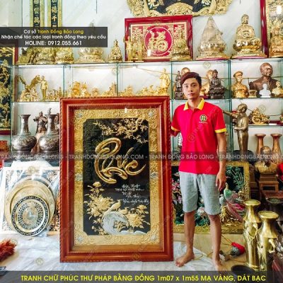 Tranh Chữ Phúc Thư Pháp Bằng Đồng 1m07 x 1m55 mạ vàng, dát bạc tại Sài Gòn TPHCM