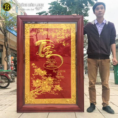 Tranh Chữ Tâm Thư Pháp Mạ Vàng 1m55x88cm Khung Gỗ Gụ tại Sài Gòn TPHCM