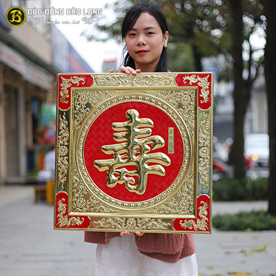 Tranh Chữ Thọ Tiếng Hán Bằng Đồng Nền Đỏ Khổ Vuông 55cm tại Sài Gòn TPHCM