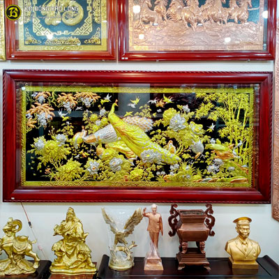 Tranh Đồng Phu Thê Viên Mãn Mạ Vàng, Bạc Khung Gụ 2m17x1m07 tại Sài Gòn TPHCM