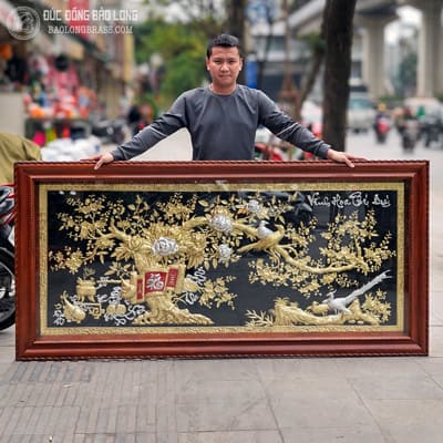 Tranh Vinh Hoa Phú Quý Bằng Đồng Dát Vàng Khung Gỗ Gõ Khổ 2m11 x 1m01 tại Sài Gòn TPHCM