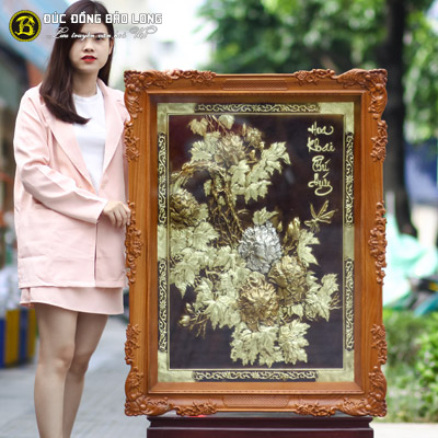 Tranh Hoa Khai Phú Quý Bằng Đồng 81cmx1m07 Khung Gõ Đỏ tại Sài Gòn TPHCM