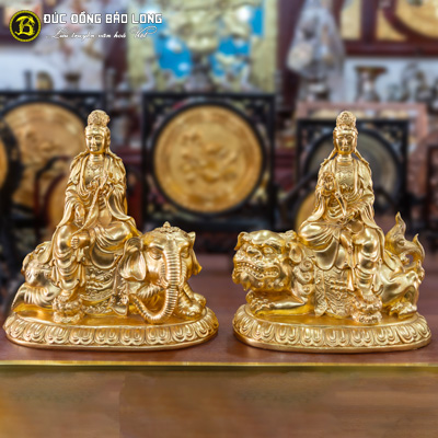 Tượng Đồng Văn Thù Phổ Hiền Dát Vàng 9999 cao 2 tấc ( 23 cm ) ở Sài Gòn TPHCM