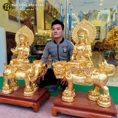 Tượng Đồng Văn Thù Phổ Hiền Dát Vàng 9999 cao 9 tấc ( 89 cm ) ở Sài Gòn TPHCM